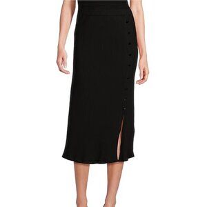 NWT DKNY L Black Side Button Pull On Ribbed Knit Midi Sweater Skirt
